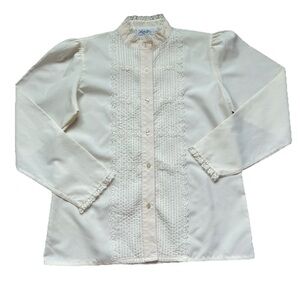VTG Made in USA Ivory Victorian Prairie Blouse Cottagecore Sz S Lace High Neck